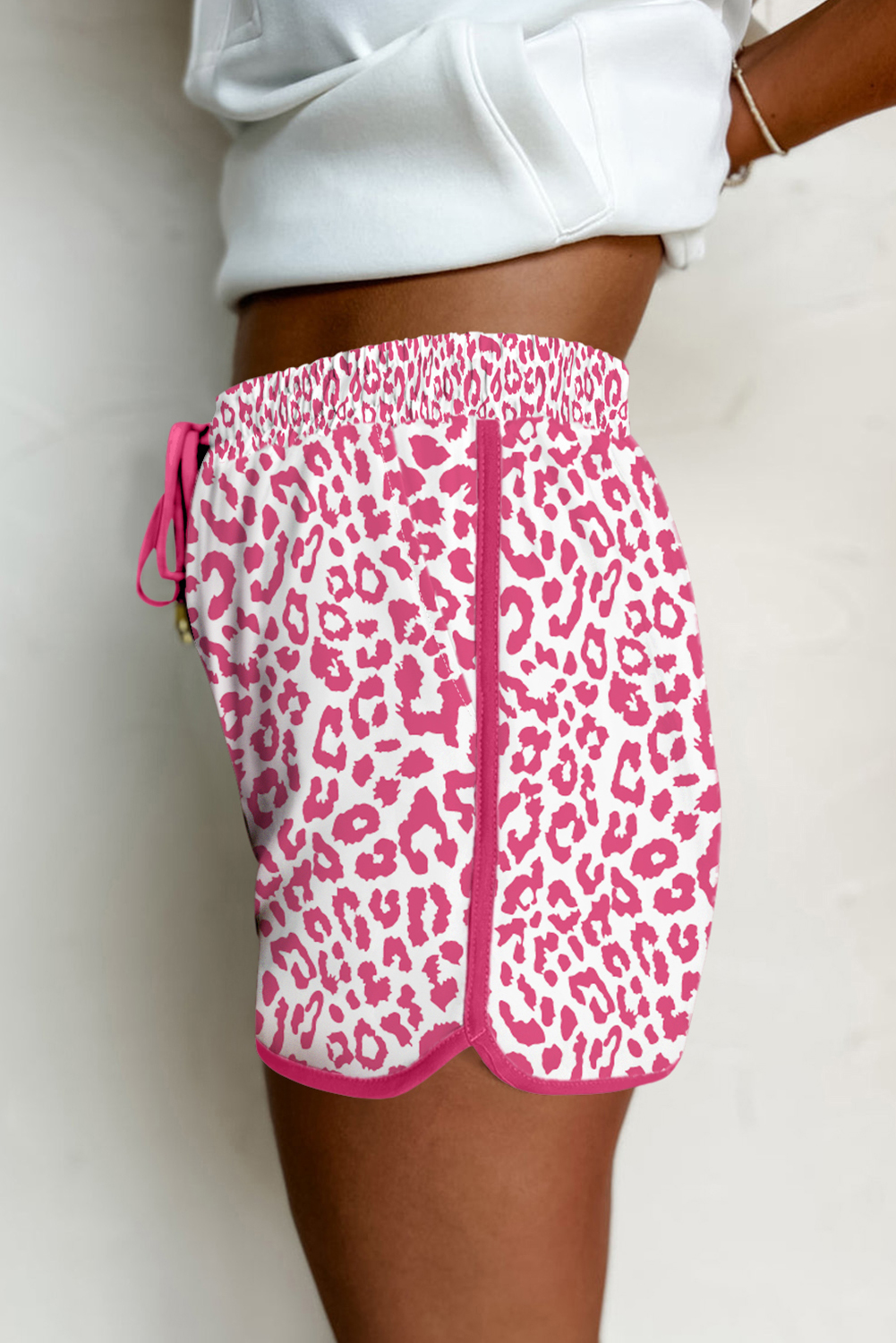 Pink Leopard Elastic Waistband Lace up Contrast Trim Casual Shorts - Image 3