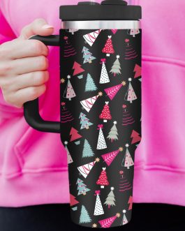 Black Cartoon Christmas Tree Printed Thermos Cup 40oz