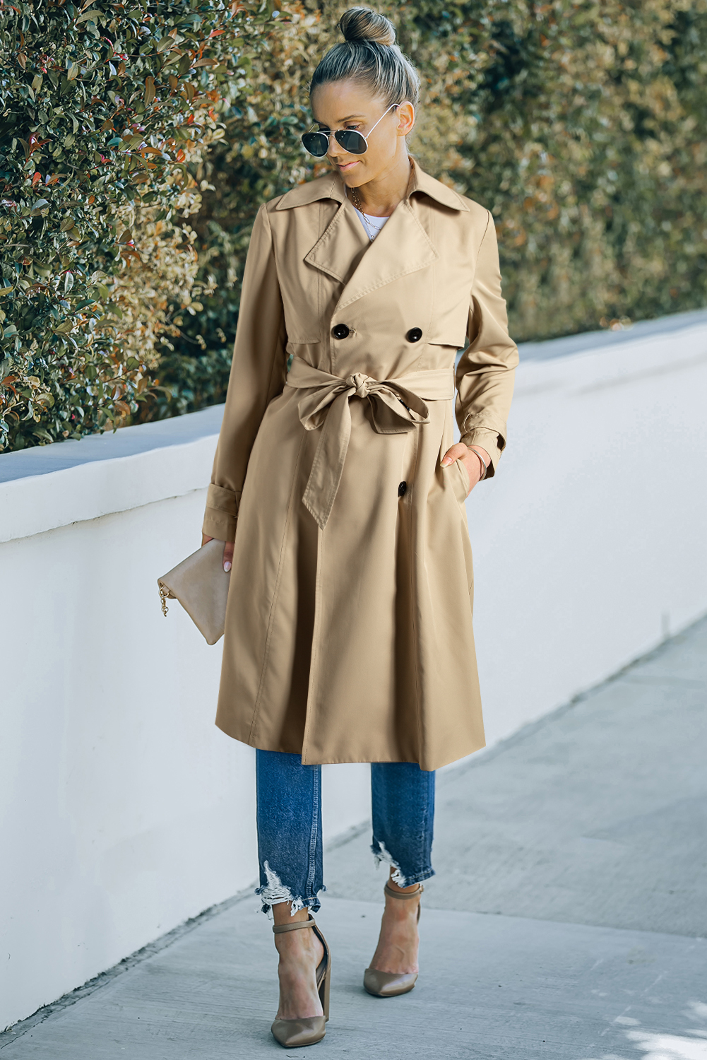 Pale Khaki Solid Color Lapel Collar Waist Tie Wind Coat - Image 7