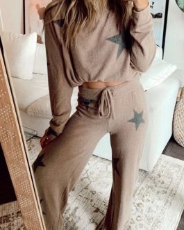 Khaki Retro Star Print Loose Long Sleeve Drawstring Wide Leg 2pcs Lounge Set