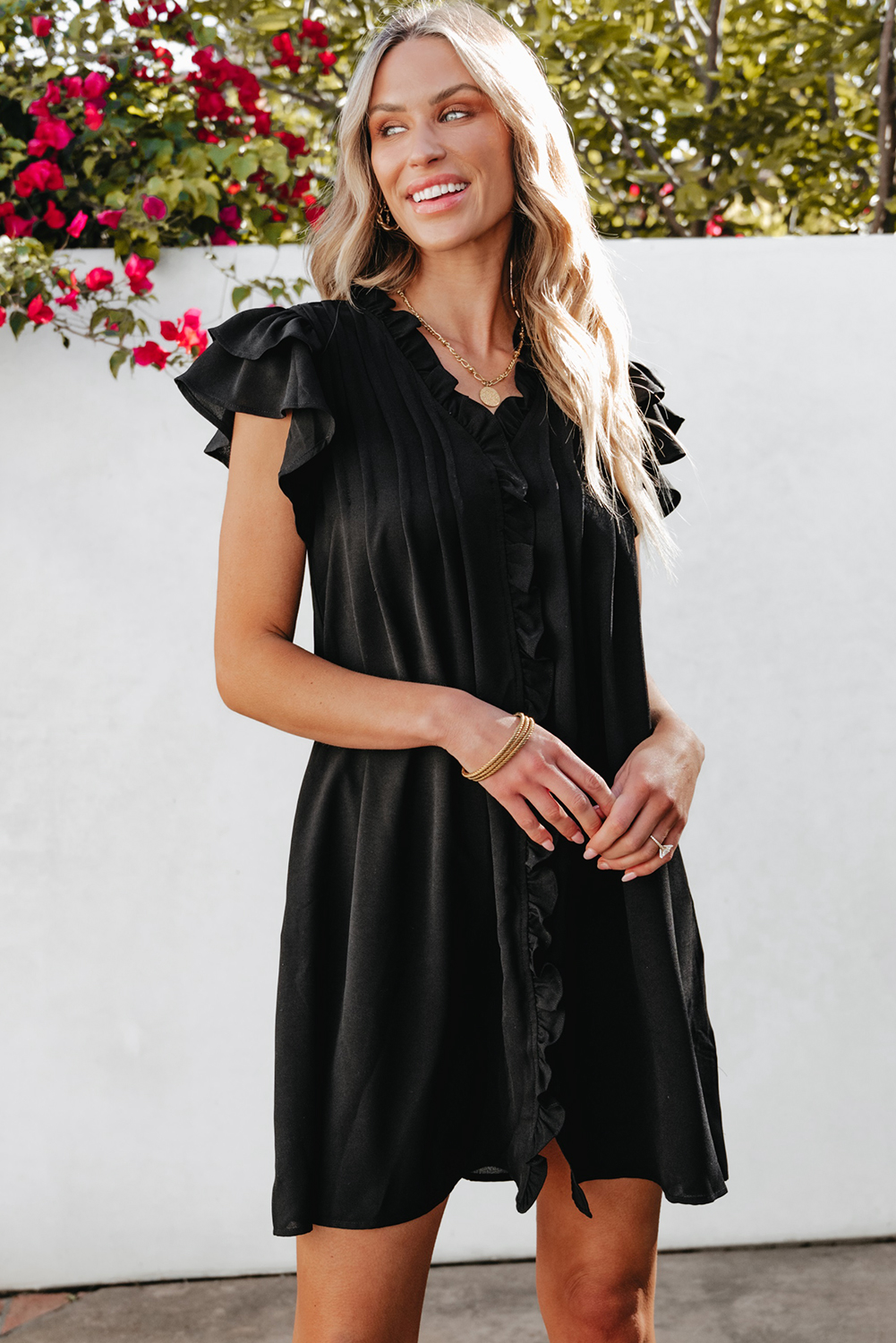 Black Ruffle Sleeve V Neck Frilled Shift Dress - Image 5