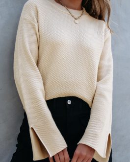 Parchment Solid Textured Knit Split Cuff Drop Shoulder Loose Sweater
