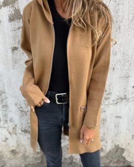 Light French Beige Solid Color Casual Zip up Hooded Coat