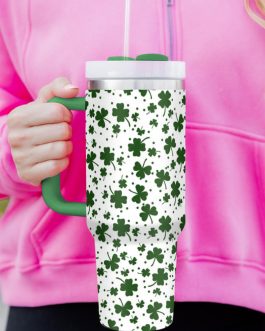 Dark Green Clover Print Thermos Cup with Handle 40oz