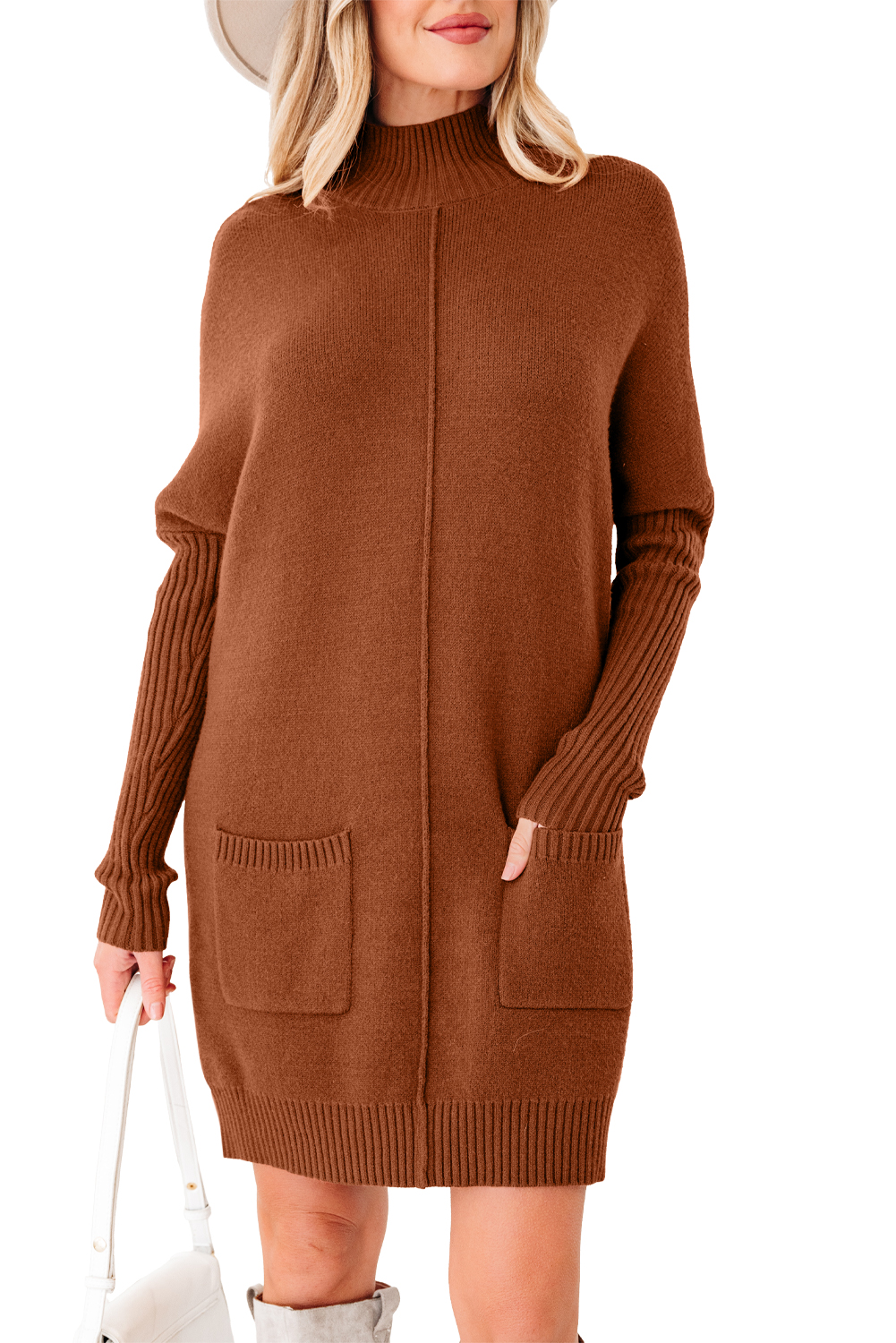 Chestnut Ribbed High Neck Front Pockets Center Seam Shift Sweater Dress - Image 6