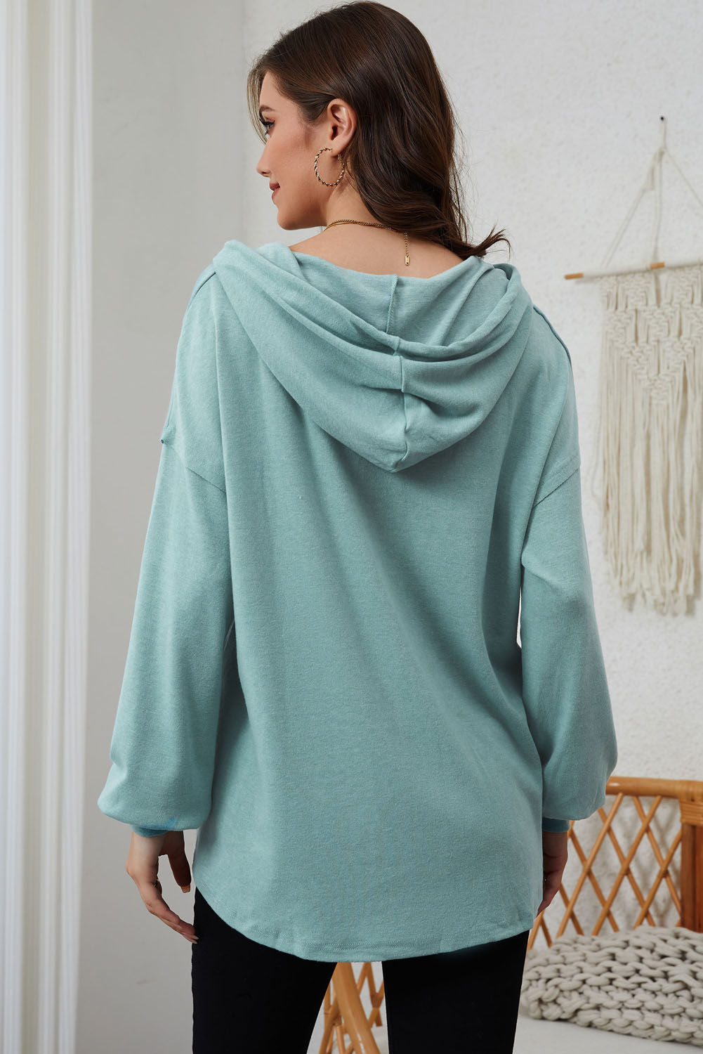 Buttoned High and Low Hem Hoodie - Image 2