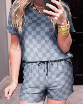 Gray Checkered V Neck Tee Drawstring Shorts Lounge Set