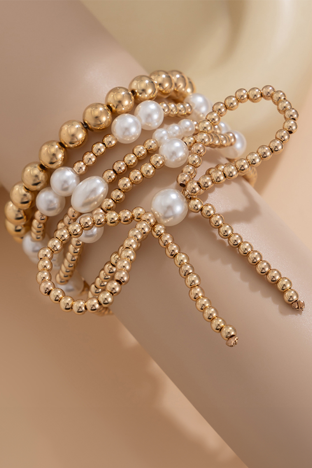 Gold Bow Knot Pearl Beaded Multi Layered Bracelet Set - Image 3