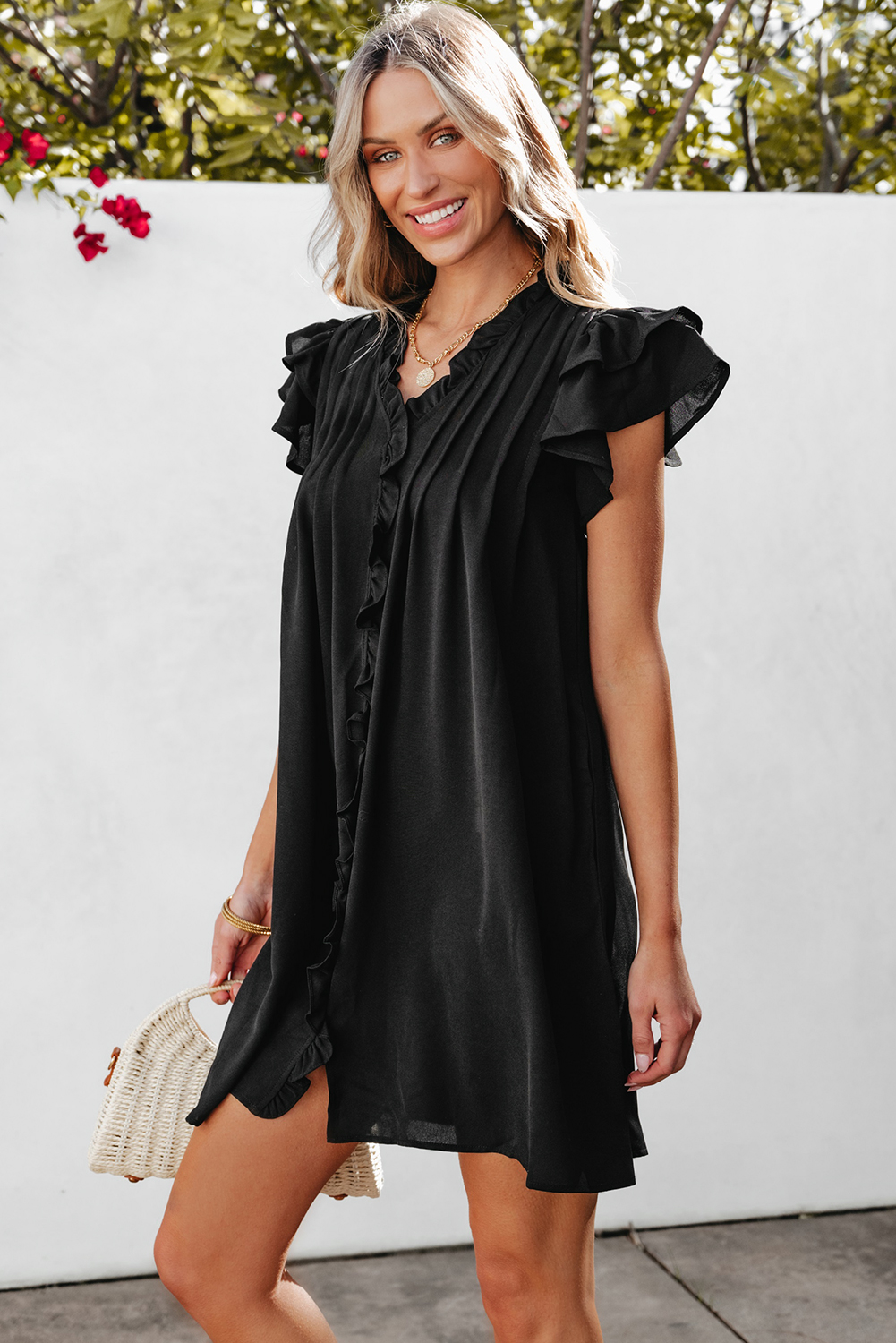 Black Ruffle Sleeve V Neck Frilled Shift Dress - Image 3