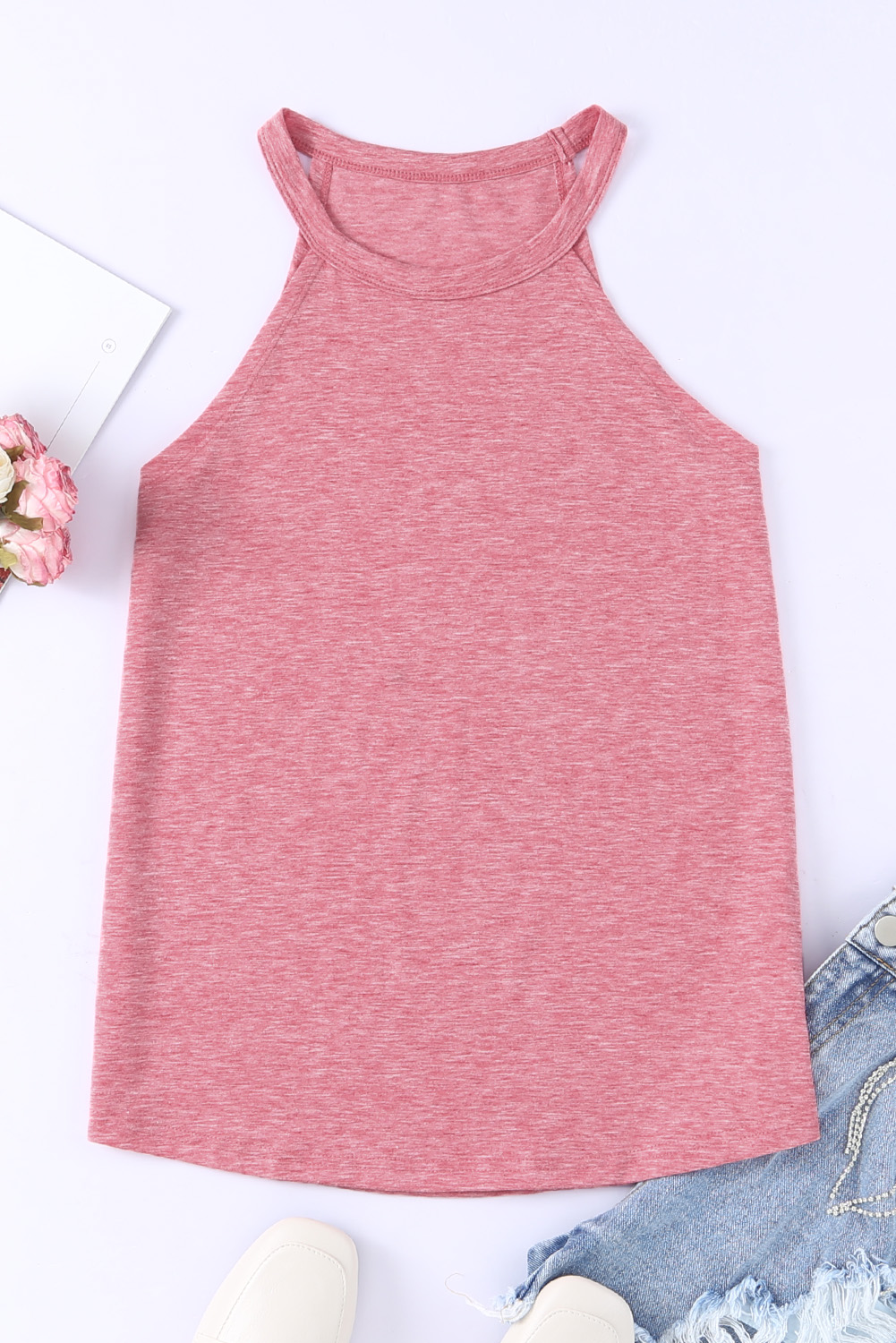Pink Solid Color Crew Neck Tank Top - Image 7
