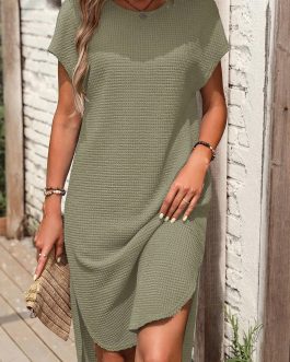 Jungle Green Waffle Texture Curved Hem Side Slit T-shirt Dress