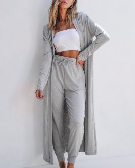 Light Grey Split Long Cardigan and Skinny Pants Lounge Set