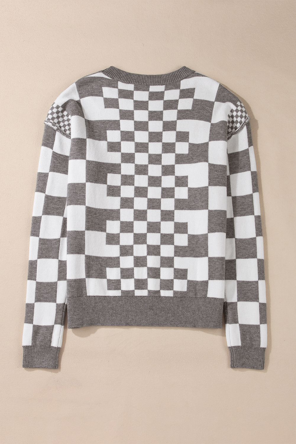 Gray Checkered Print Drop Shoulder Round Neck Sweater - Image 8