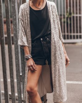 Apricot Sequin 3/4 Sleeve Open Front Duster Kimono