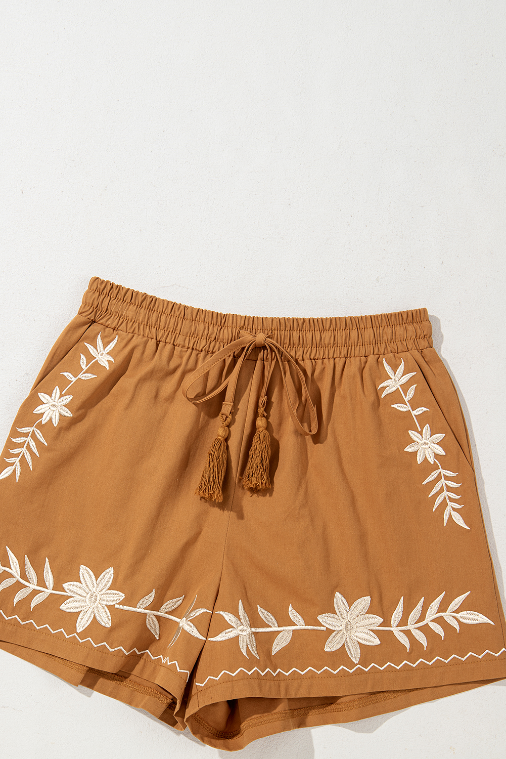 Khaki Embroidered Boho Tasseled Drawstring Elastic Waistband Casual shorts - Image 8