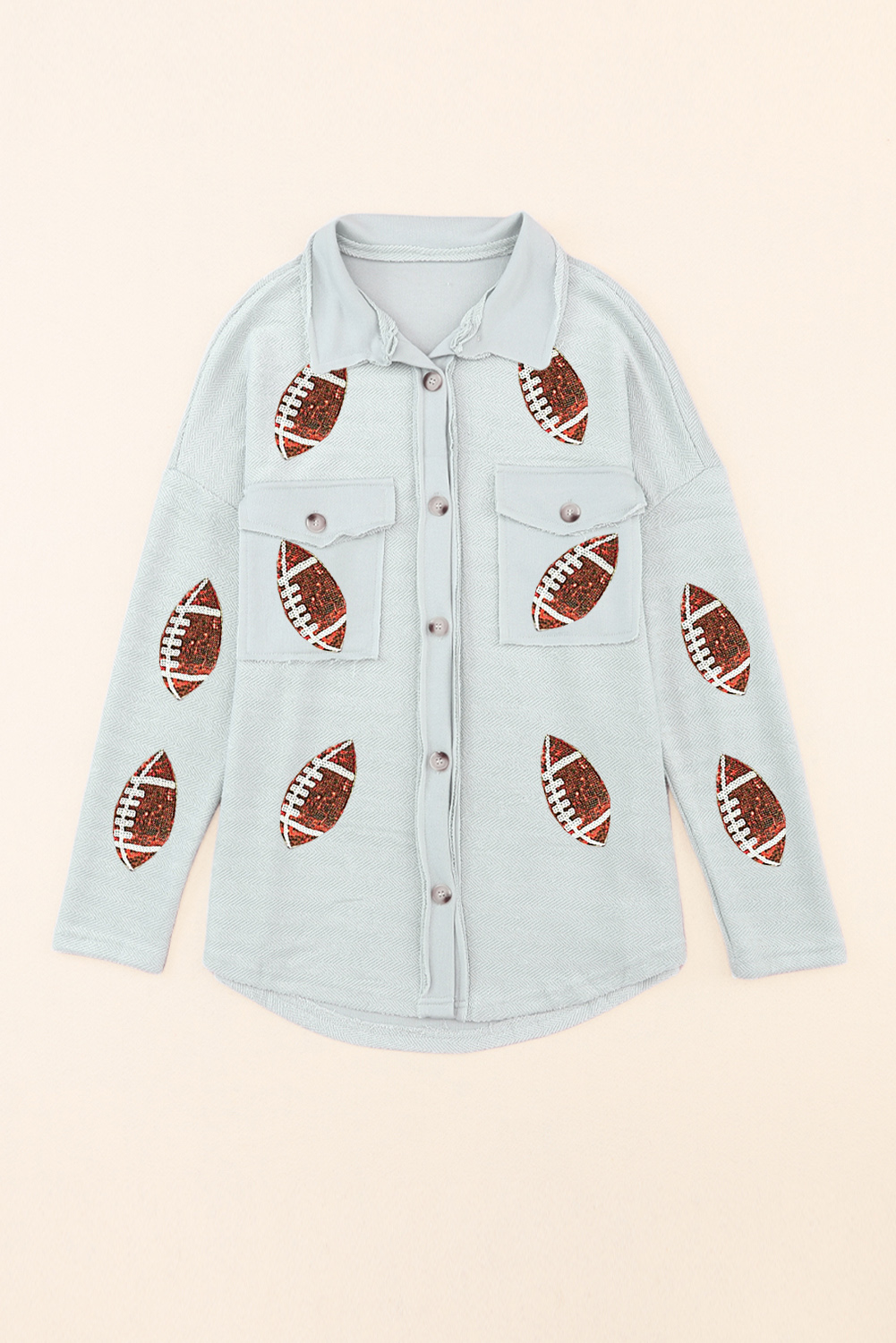 Gray Sequined Rugby Flap Pockets Buttoned Shacket - Image 5
