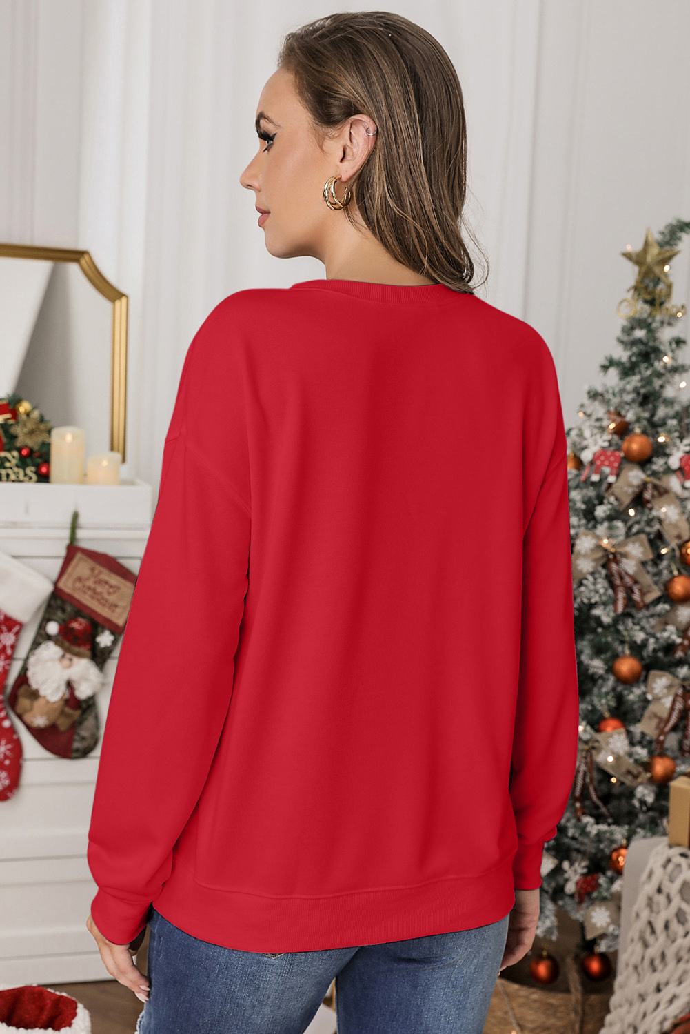 Red Plain Crew Neck Pullover Sweatshirt - Image 2