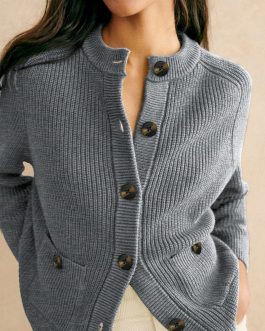 Medium Grey Chunky Buttoned Front Round Neck Cardigan Sweater