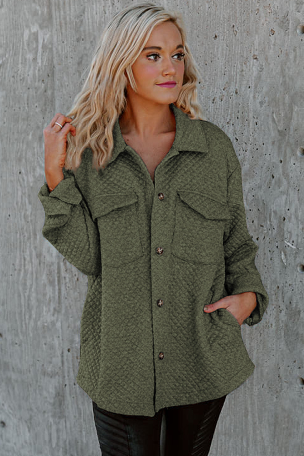 Green Retro Quilted Flap Pocket Button Shacket - Image 3