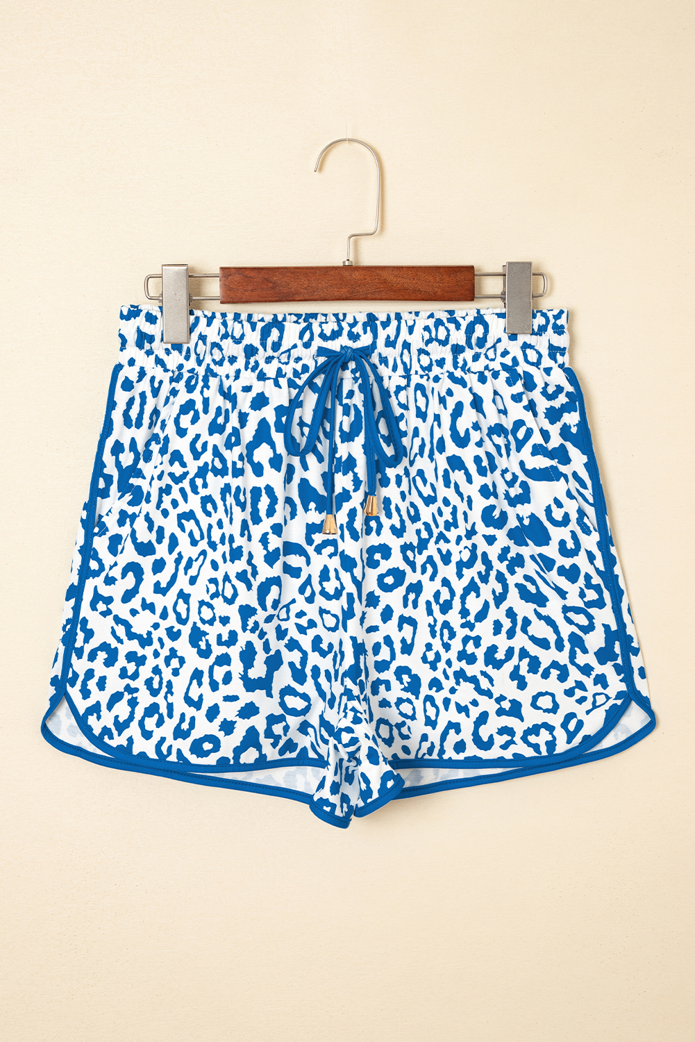 Blue Leopard Elastic Waistband Lace up Contrast Trim Casual Shorts - Image 4