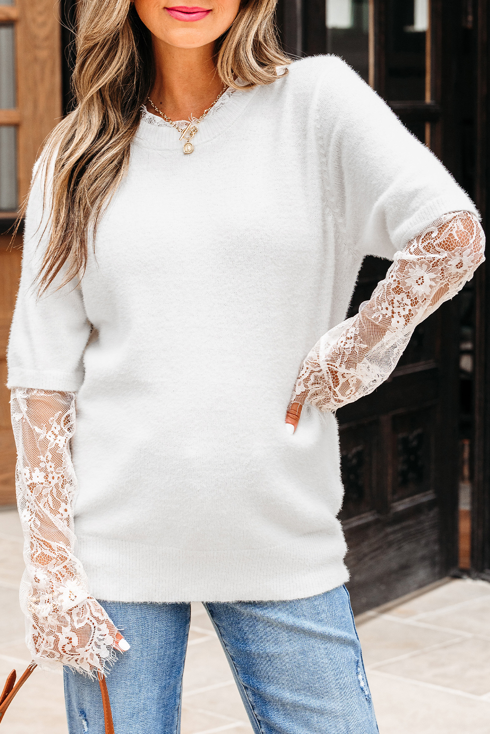 Beige Lace Sleeve Patchwork Faux Two-piece Fuzzy Sweater - Image 8