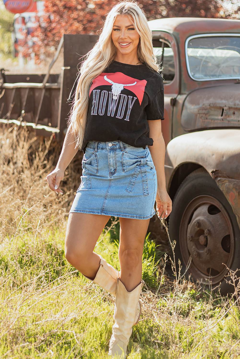 Dusk Blue Acid Wash Bowknot Details High Waist Denim Skirt - Image 8