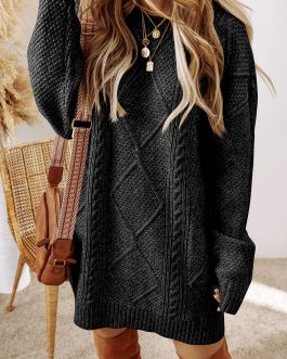 Black Cable Knit Drop Shoulder Loose Fit Sweater Dress