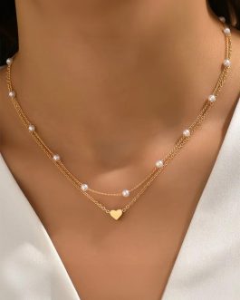 Gold Plated Heart and Pearl Detail 2pcs Layered Necklace