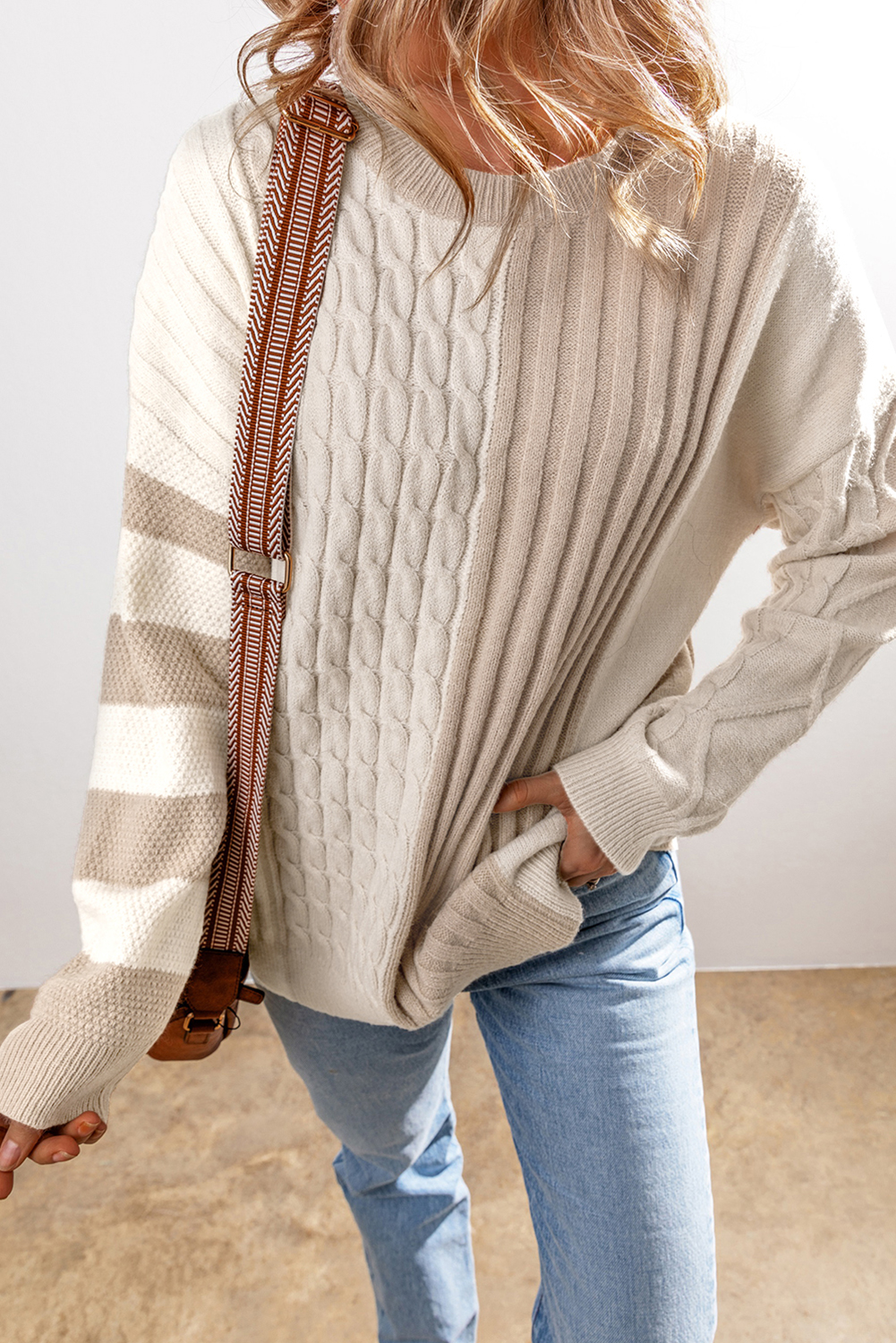 Khaki Cable Knit Colorblock Crew Neck Drop Shoulder Sweater - Image 3