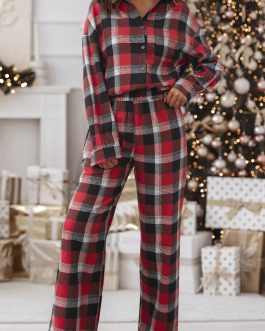 Red Christmas Checkered Pattern Loose Shirt and Pants Lounge Set