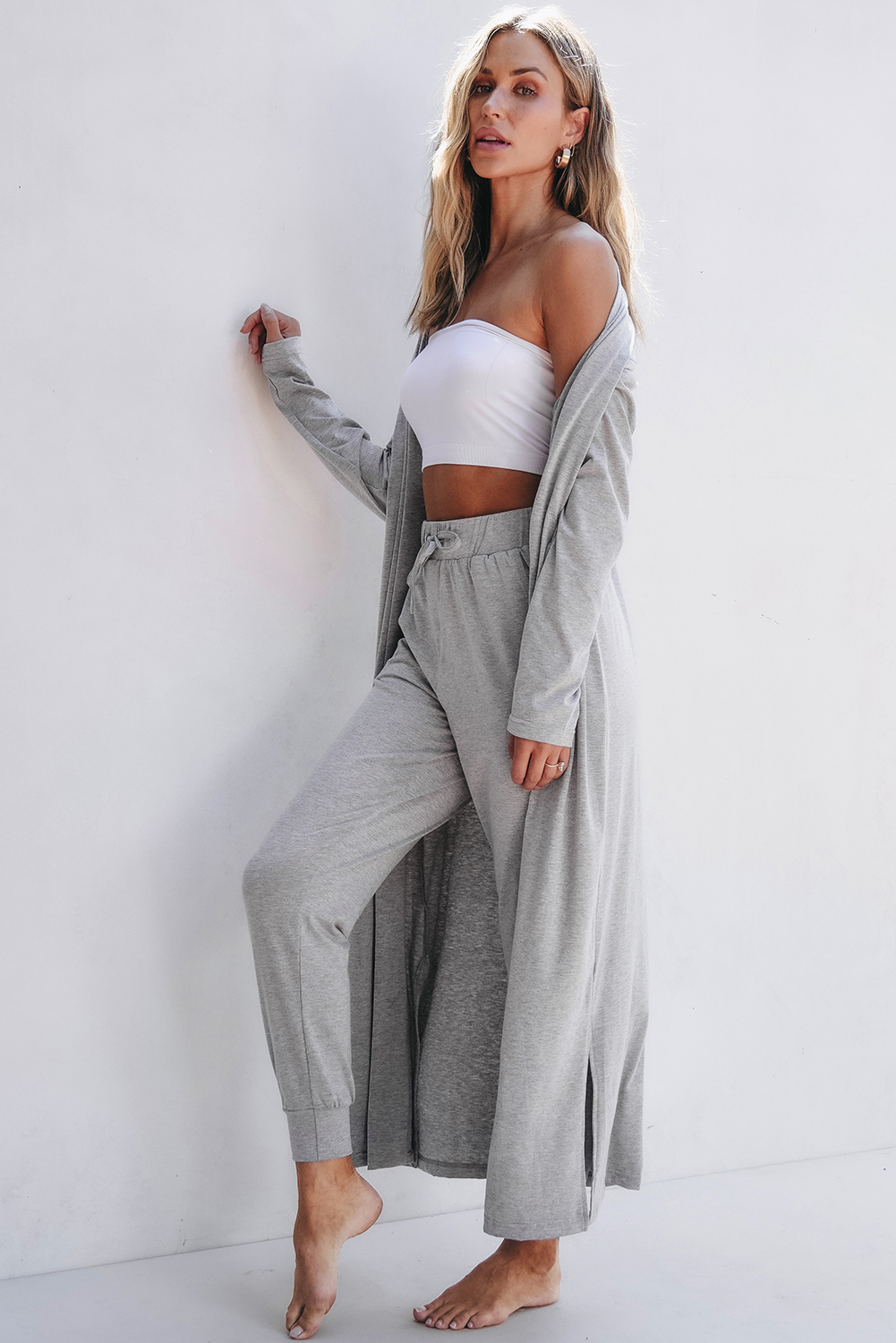 Light Grey Split Long Cardigan and Skinny Pants Lounge Set - Image 3