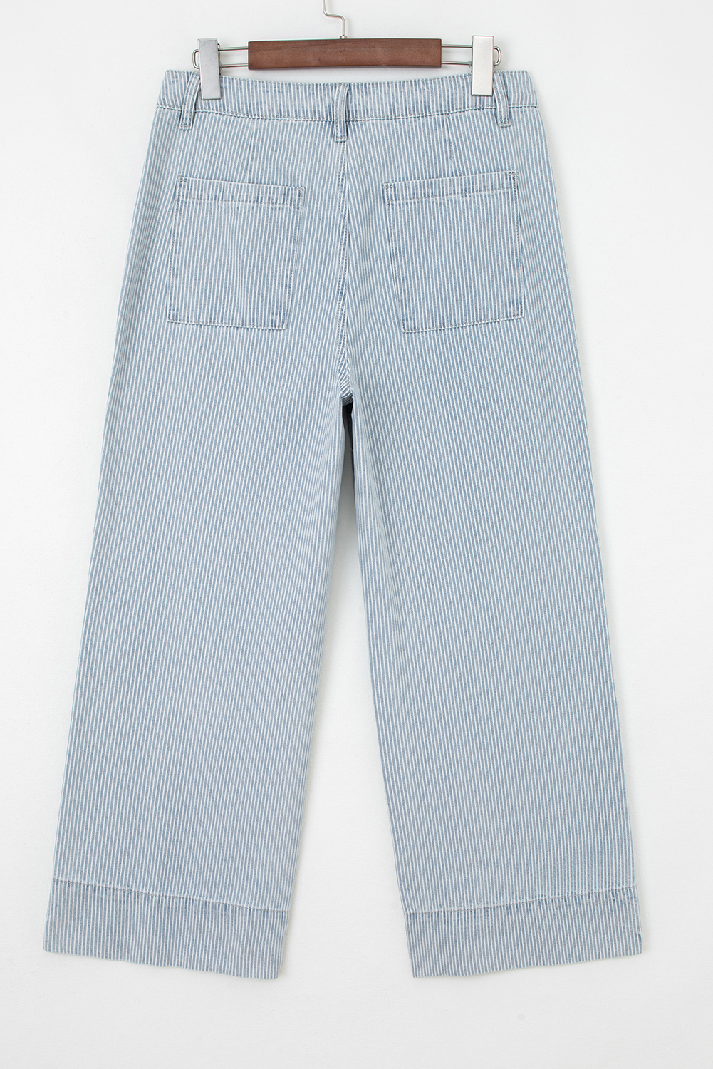 Sky Blue Stripe Button Flap Pocket Cuffed Hem Wide Leg Jeans - Image 2