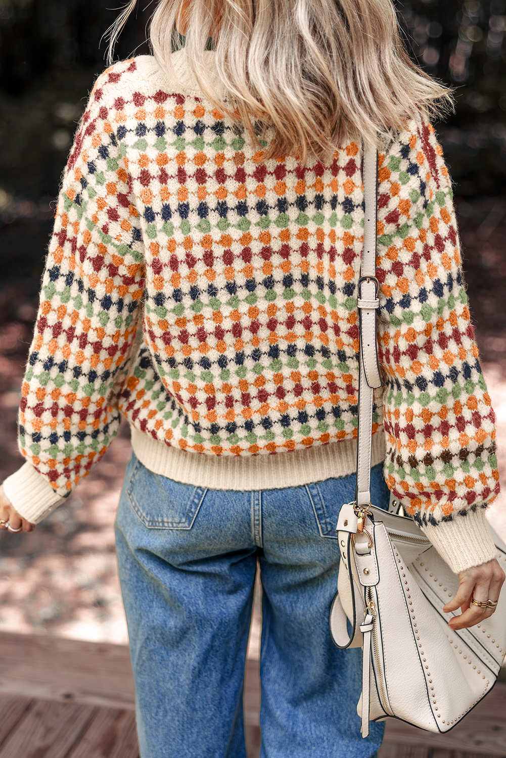 Multicolour Dotty Pattern Knit Button Front V Neck Sweater Cardigan - Image 2