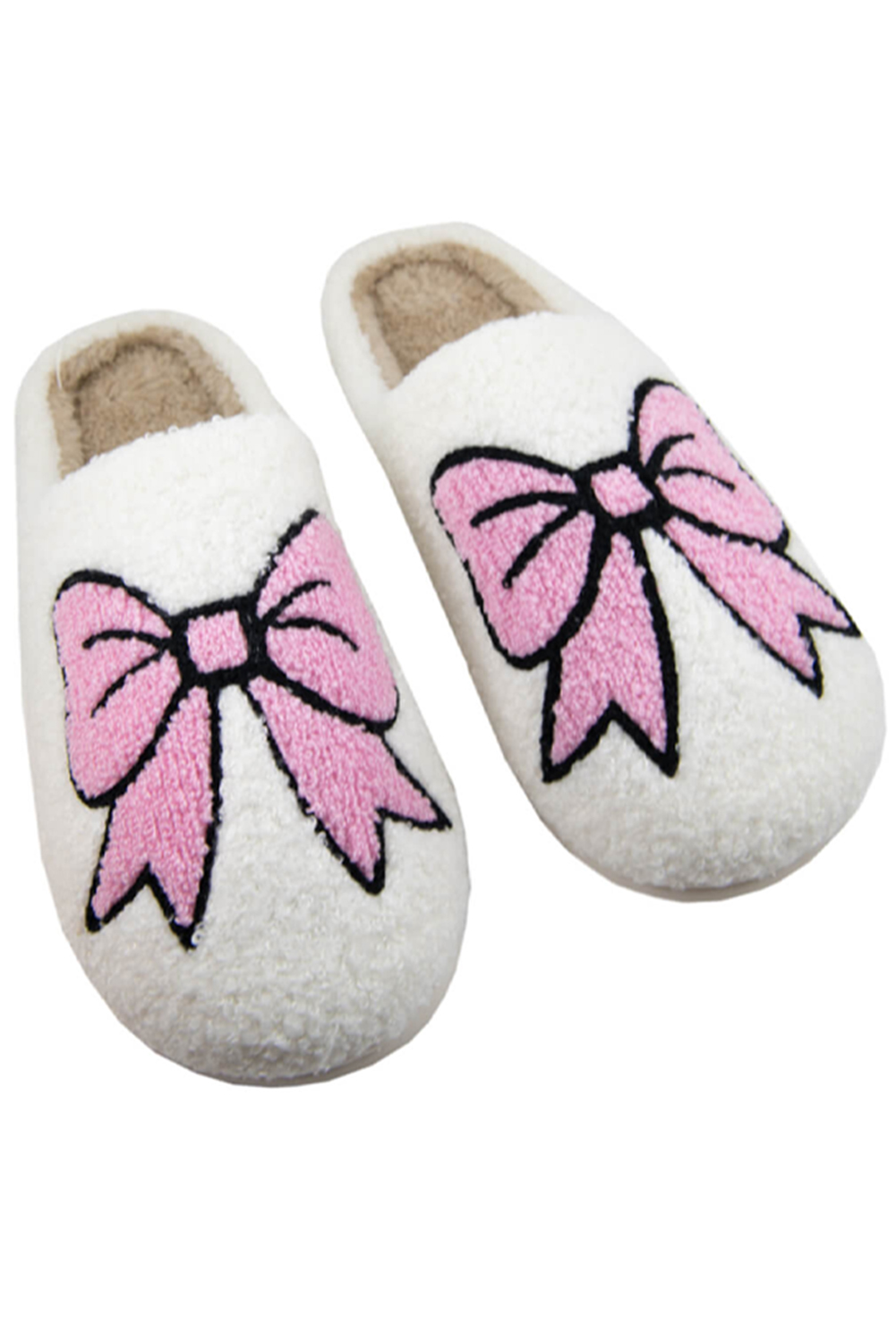 White Cute Bowknot Pattern Fuzzy Winter Home Slippers - Image 2