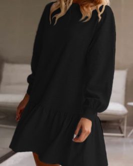 Black Solid Color Puff Sleeve Ruffle Hem Mini Dress