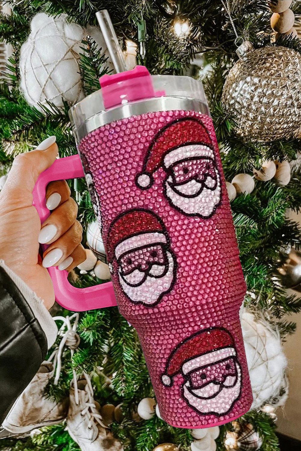Rose Red Christmas Santa Claus Diamond Thermos Cup with Straw 40oz - Image 2