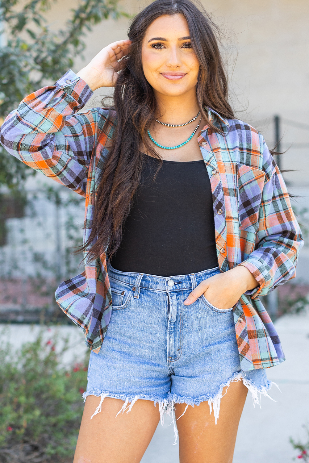 Orange Plaid Print Loose Vintage Shirt - Image 8