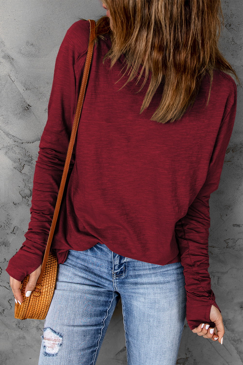 Fiery Red Solid Crew Neck Long Sleeve Top - Image 3