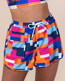 Rose Geometric Printed Drawstring Waist Beach Shorts with Pockets