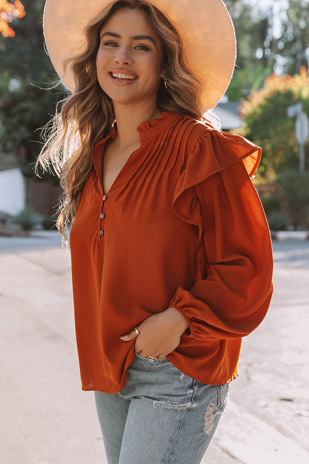Orange Ruffled Pleated Buttoned V Neck Blouse - Image 7