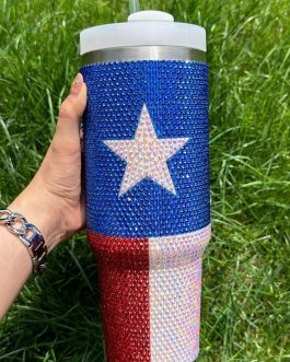 Dark Blue American Flag Star Full Rhinestone Handle Tumbler 40oz