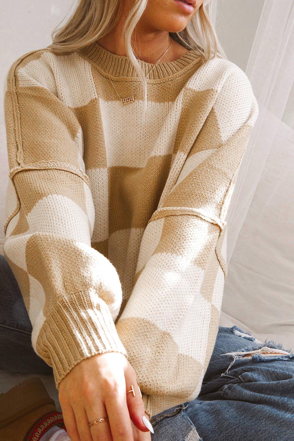 Khaki Checkered Bishop Sleeve Sweater - Image 2