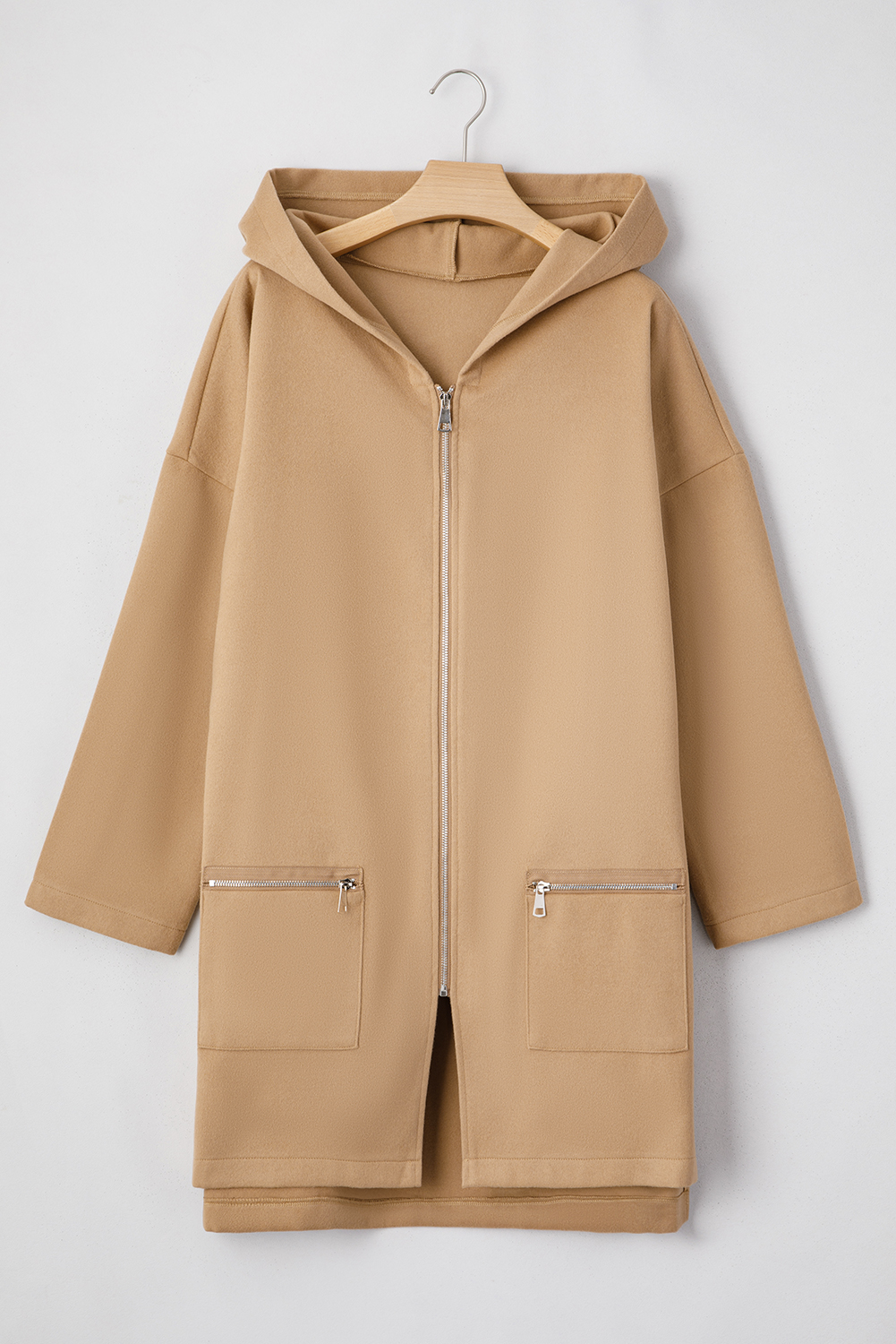 Light French Beige Solid Color Casual Zip up Hooded Coat - Image 4