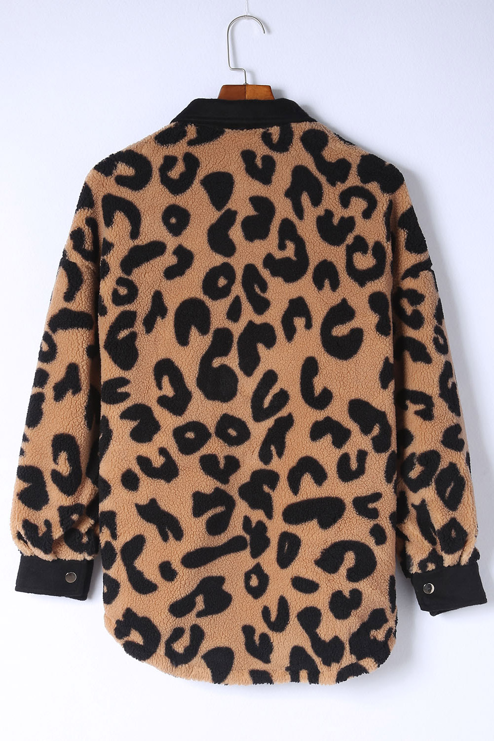 Black Contrast Trimmed Leopard Teddy Shacket - Image 7