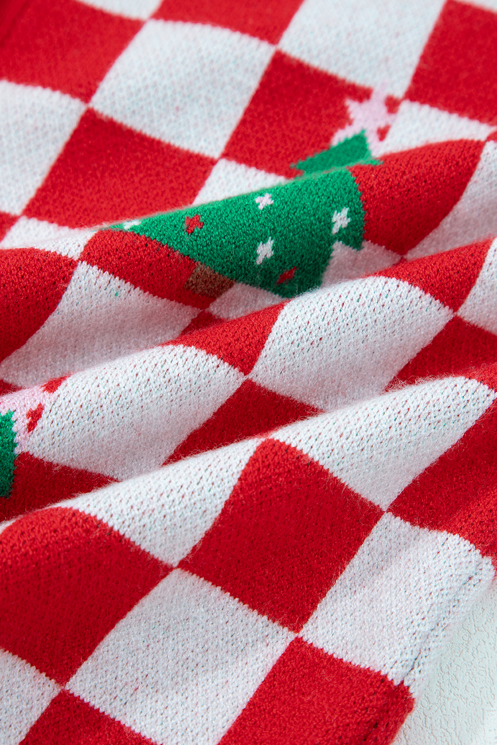 Red Checkered Christmas Tree Pattern Button V Neck Cardigan Sweater - Image 5