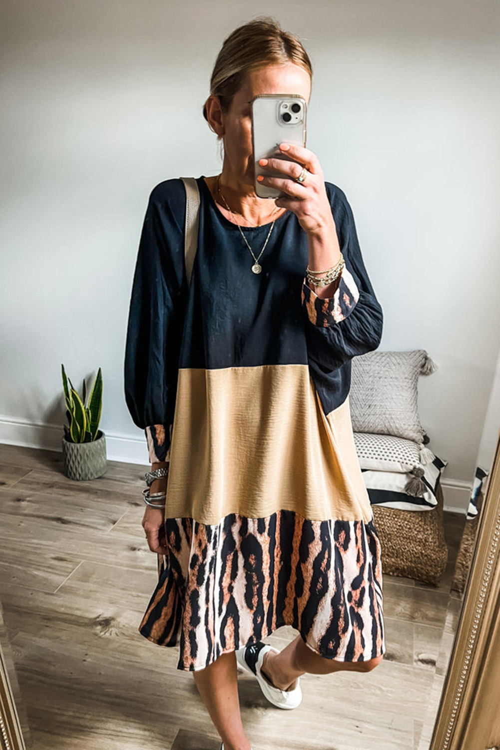 Khaki Printed Tiger Stripe Colorblock Bishop Sleeve Mini Dress - Image 3