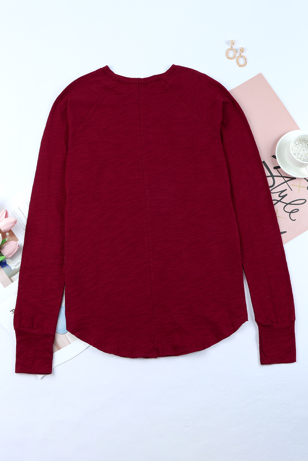 Fiery Red Solid Crew Neck Long Sleeve Top - Image 7