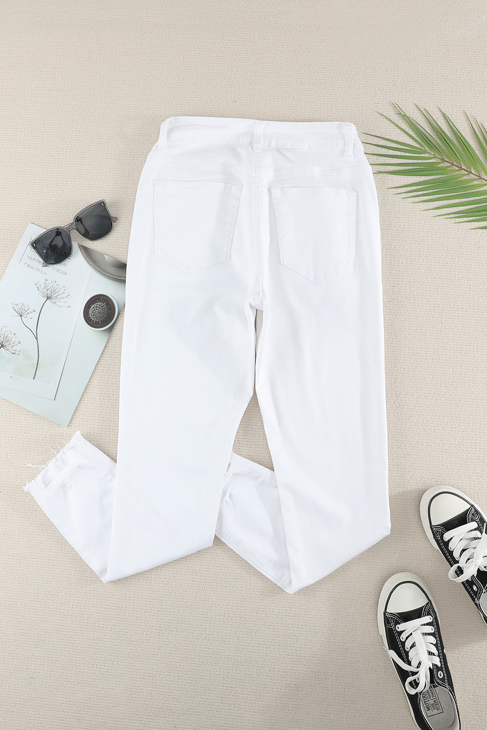 White Plain High Waist Buttons Frayed Cropped Denim Jeans - Image 6
