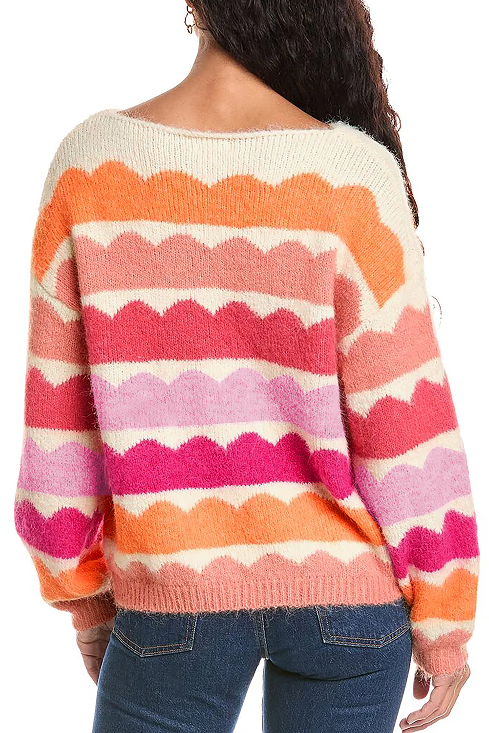 Rose Red Wave Striped Balloon Sleeve Drop Shoulder Sweater - Image 3