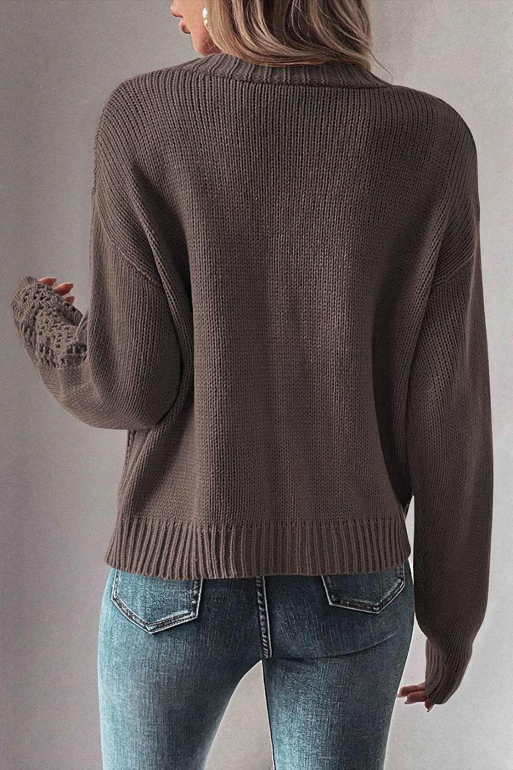 Dark Khaki Open Knit Drop Shoulder Sweater Cardigan - Image 2